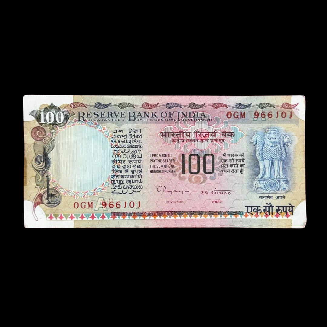 rs 100 agriculture pink beauty 100 note 96601 108 143 govr name c Rangarajan extremely rare