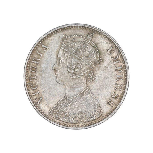 Rare 1900 one rupee India silver coin featuring Queen Victoria Empress with floral wreath reverse in collectible condition.