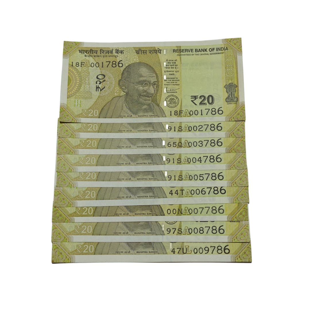 Rs 20 new Mahatma Gandhi series 9-note set (001786–009786) featuring 786 holy Bismillah numbers in uncirculated condition.