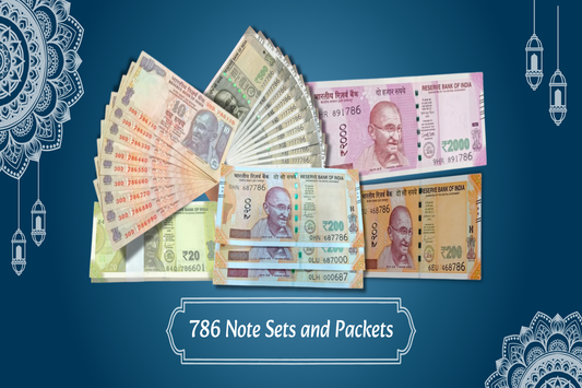 Indian currency note bundles with 786 serial numbers on a blue decorative background