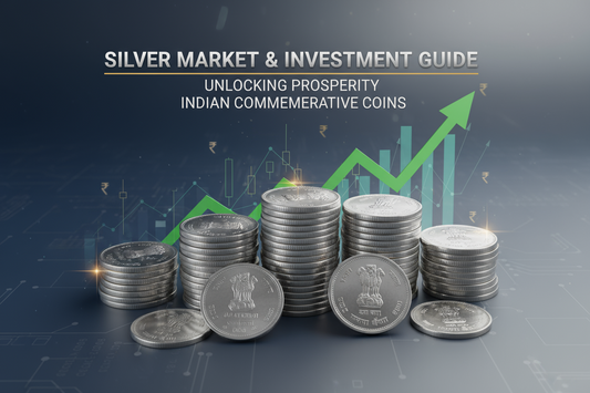 Stacks of Indian commemorative silver coins with investment growth chart background