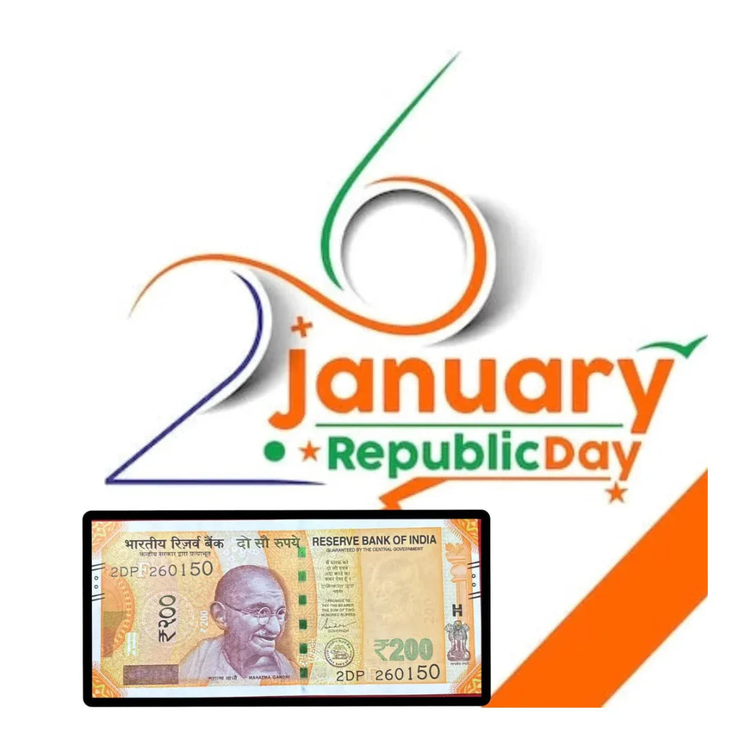Indian 200 rupee note with Gandhi image on 26 January Republic Day background