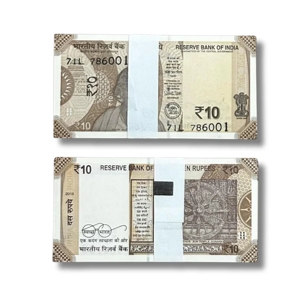 Bundle of Indian 10 rupee currency notes with serial number 786001, collectible banknotes.