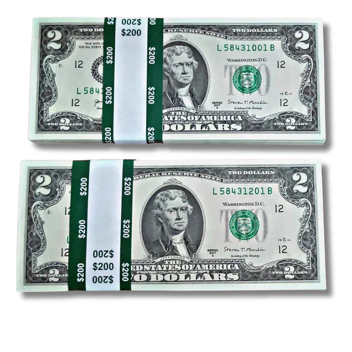 Two bundles of US $2 notes with consecutive serial numbers, collectible currency