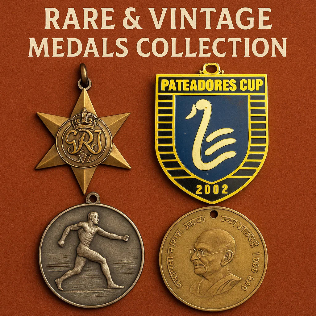 Assorted vintage medals including British India, sports, and commemorative coin medals.