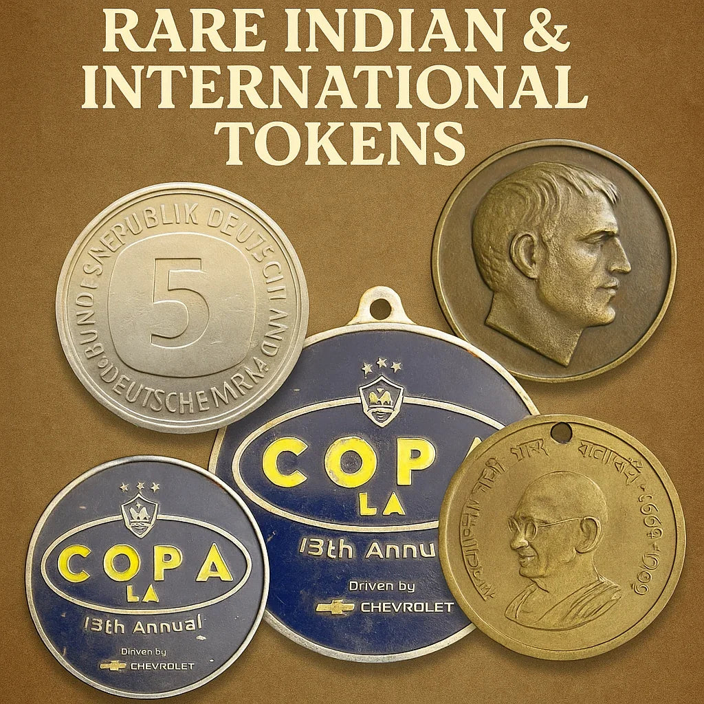 Assorted rare Indian and international collectible coins and tokens on a brown background