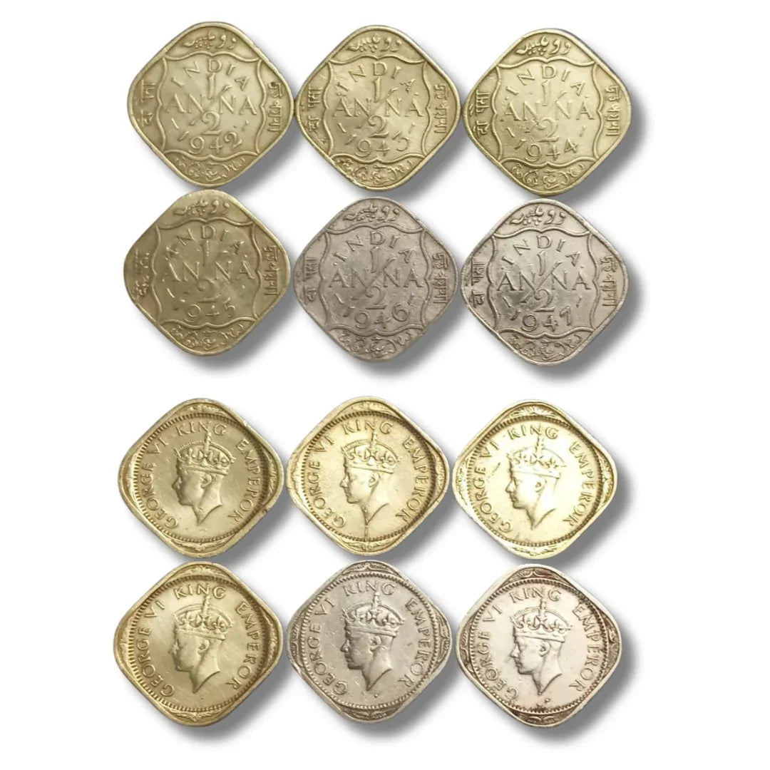 British India one anna coins from 1940s with King George VI, collectible vintage currency