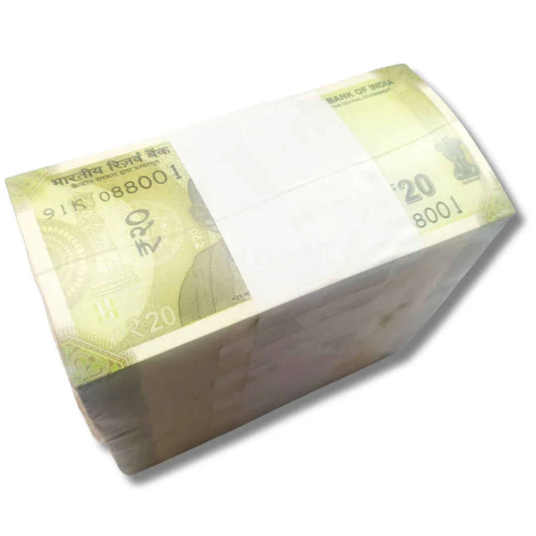 Bundle of Indian 20 rupee currency notes with visible serial number, collectible money