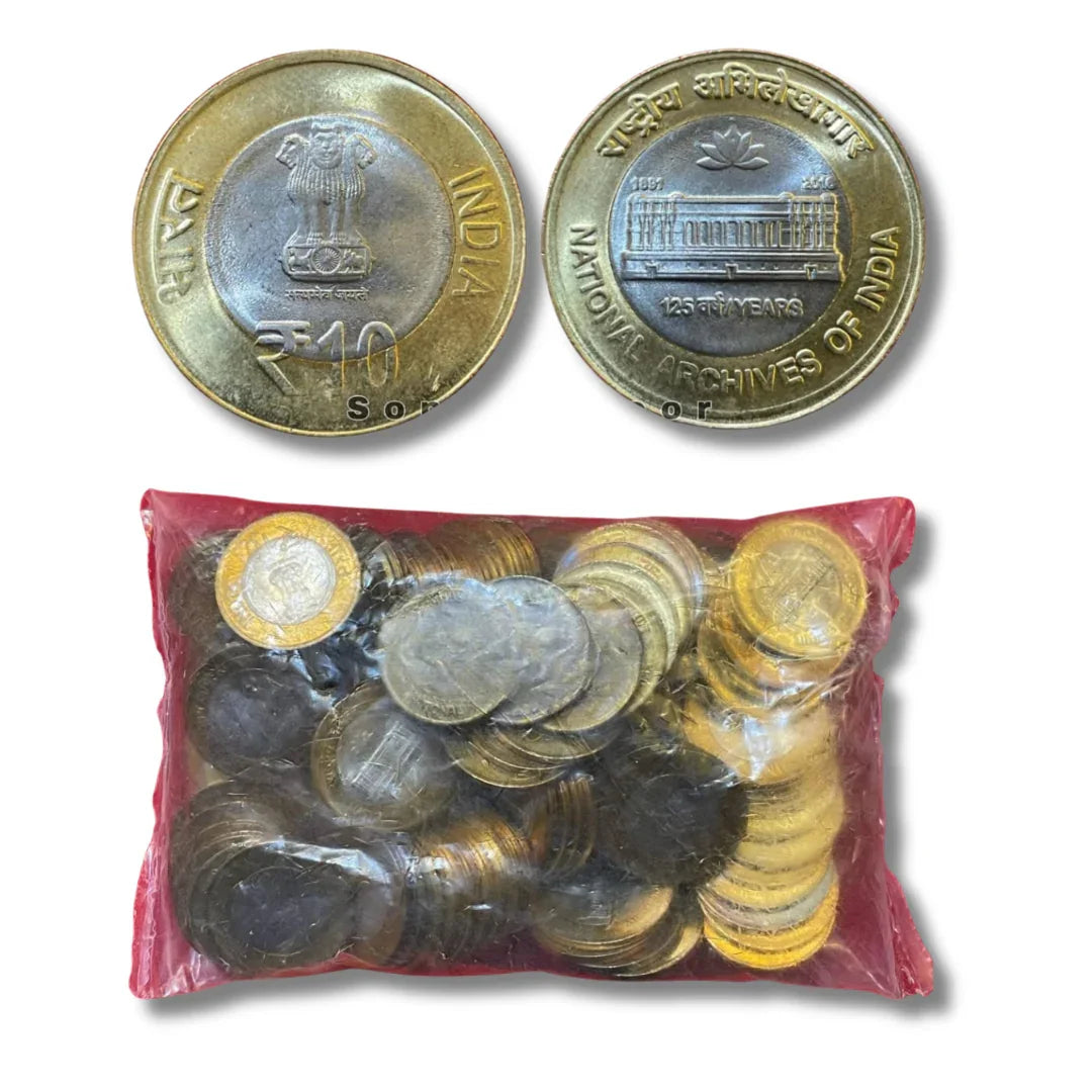 Assorted Indian commemorative 10 rupee coins, including National Archives coin, in a plastic pouch