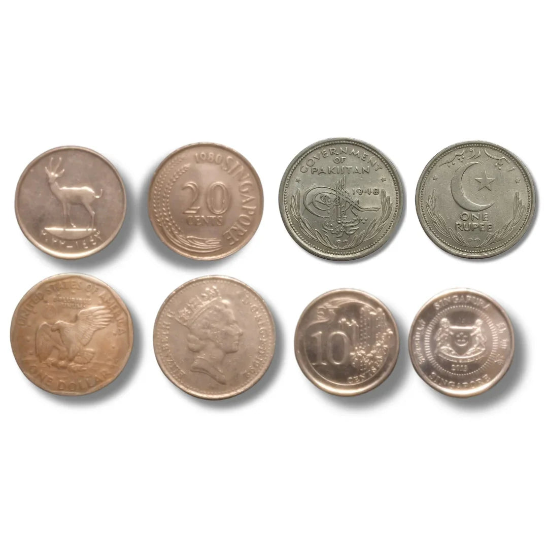 Assorted rare collectible coins from different countries displayed on a white background.