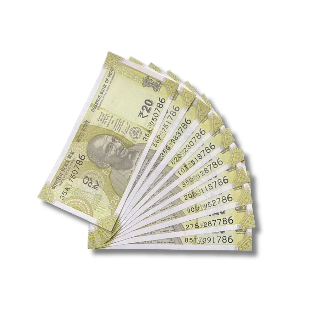 Fan arrangement of collectible Indian 20 rupee notes with 786 fancy number