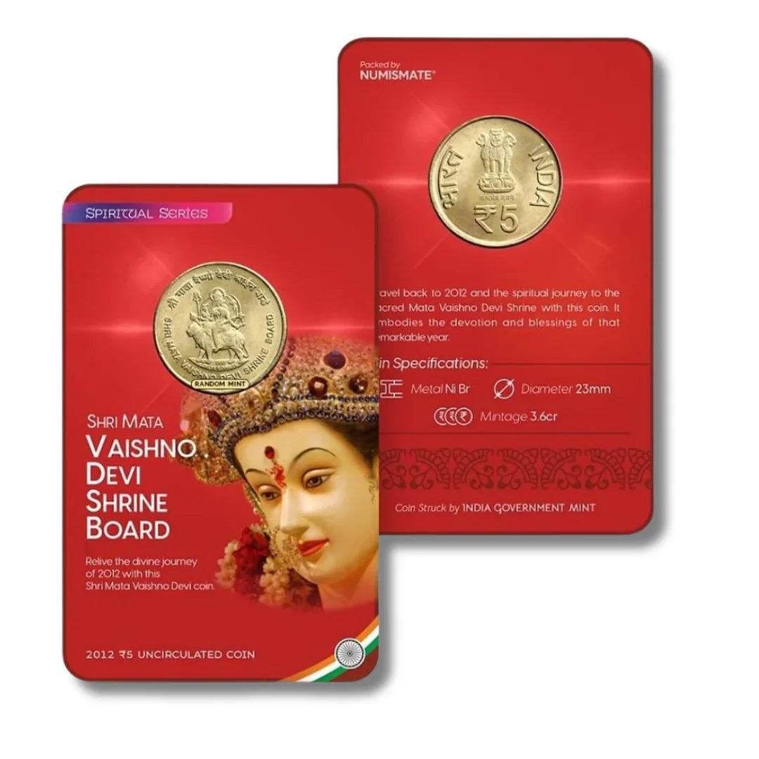 2012 uncirculated Shri Mata Vaishno Devi Shrine Board commemorative ₹5 coin in red display card