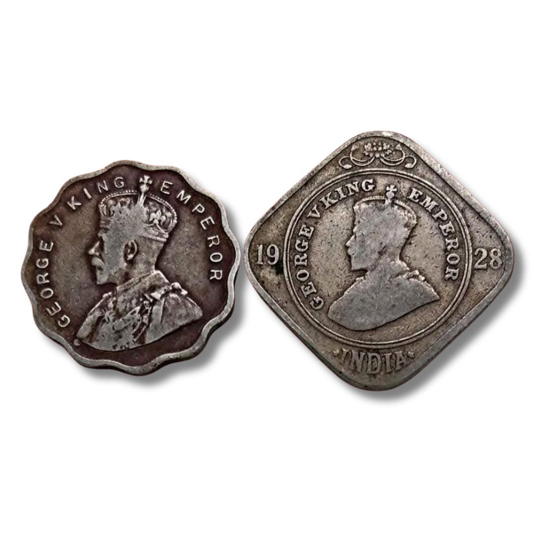 1928 1 & 2 Anna Coin Set – George V King Emperor | British India Copper-Nickel Coins (Excellent Condition) - Collection Bazzar