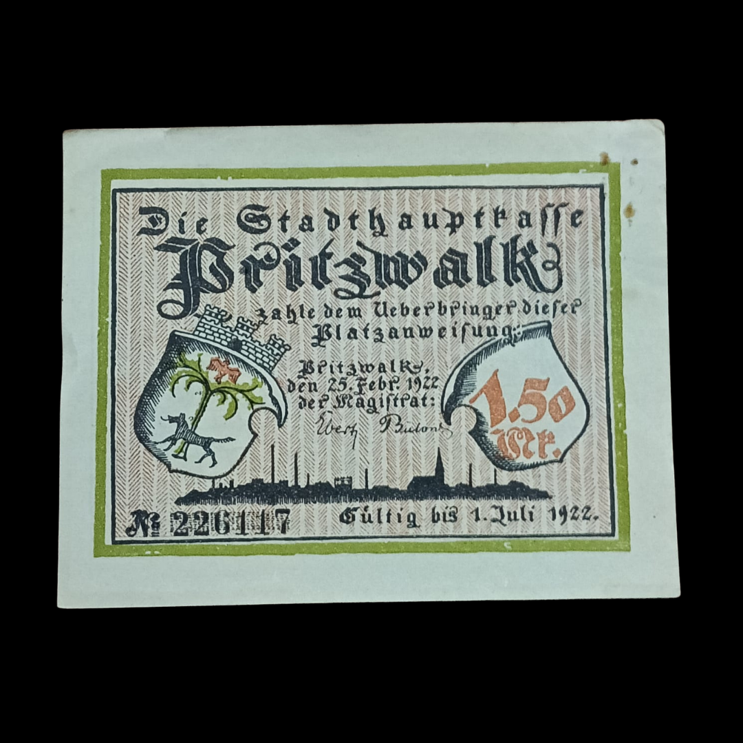 1.5 Mark Banknote, Germany, Pritzwalk, personnage, 1922 - Collection Bazzar
