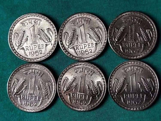 1 Rupees Big Dabbu Coin Most Demanding Year 1962 Calcutta Mint Top Condition qty 6 PCs - Collection Bazzar