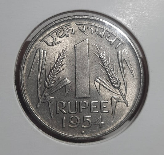 1 Rupee Coin India 1954 Bombay Mint Nickel Wheat Ears Design Excellent Condition