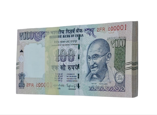 ₹100 old note with 000001 telescopic serial number signed by Raghuram G. Rajan UNC full packet Front