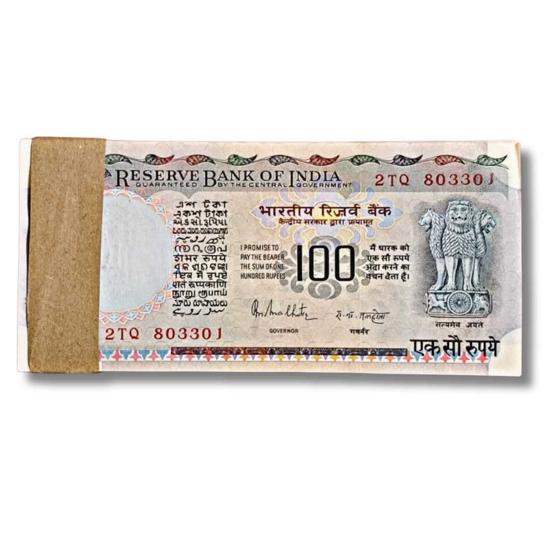 ₹100 Cobalt Issue Note Packet | Prefix 2TQ Serial 803301 | Governor R. N. Malhotra