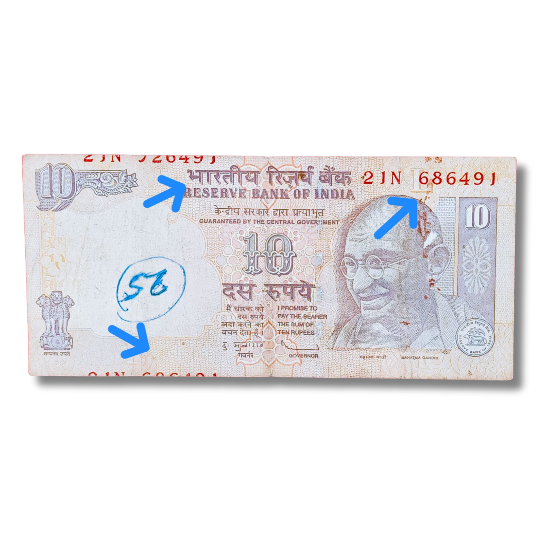 ₹10 Bank Note – Serial 686491 – Number Error on Both Sides
