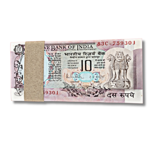 ₹10 Old Peacock Note Packet | Prefix 83C | Serial 759301 | R. N. Malhotra | 100 Notes | UNC Condition

