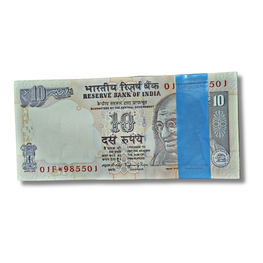 ₹10 Star Note 01F Prefix – Serial 985501 | Ends 541 Sai Baba | Raghuram Rajan | 100 Notes Packet
