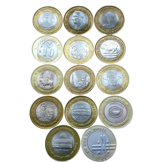 ₹10 coin lot, commemorative coin India, BHU coin, Indo-Africa Forum coin, National Archives coin, Dr. Radhakrishnan coin, Swami Chinmayananda coin, Homi Bhabha coin, Maharana Pratap coin, Lala Lajpat Rai coin, Maa Vaishno Devi coin, Indian coin collection lot