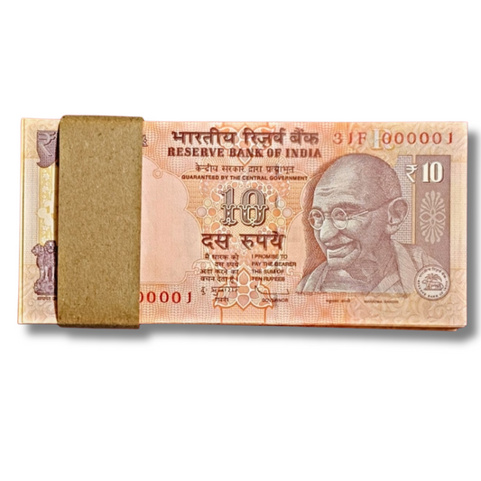 ₹10 fancy note, 000001 serial note, lower number currency, rare ₹10 packet, D. Subbarao signature, UNC note bundle, fancy number currency, collectible Indian notes
