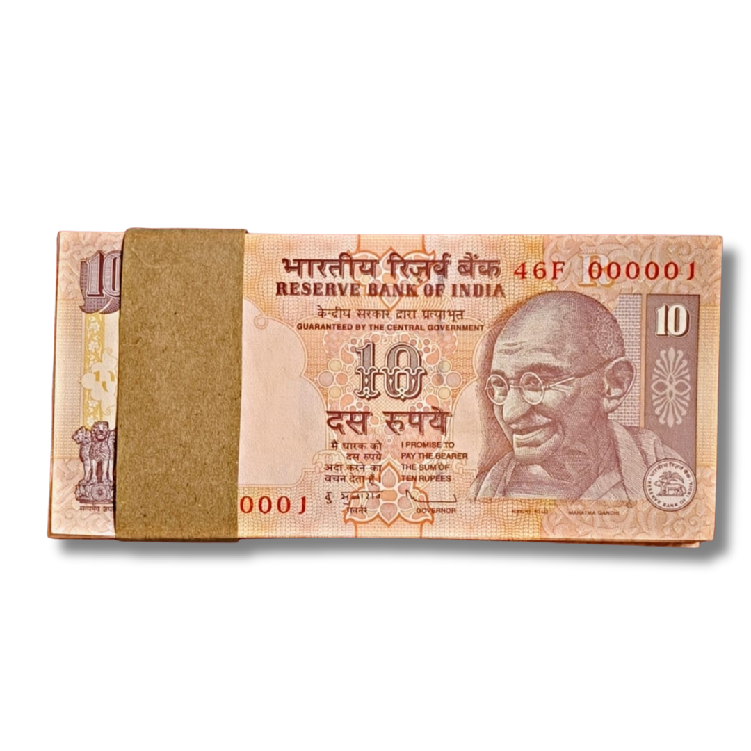 ₹10 lower serial number, fancy currency bundle, D. Subbarao note, rare 000001 note, UNC ₹10 packet, collectible Indian currency, fancy note set, numismatic notes India
