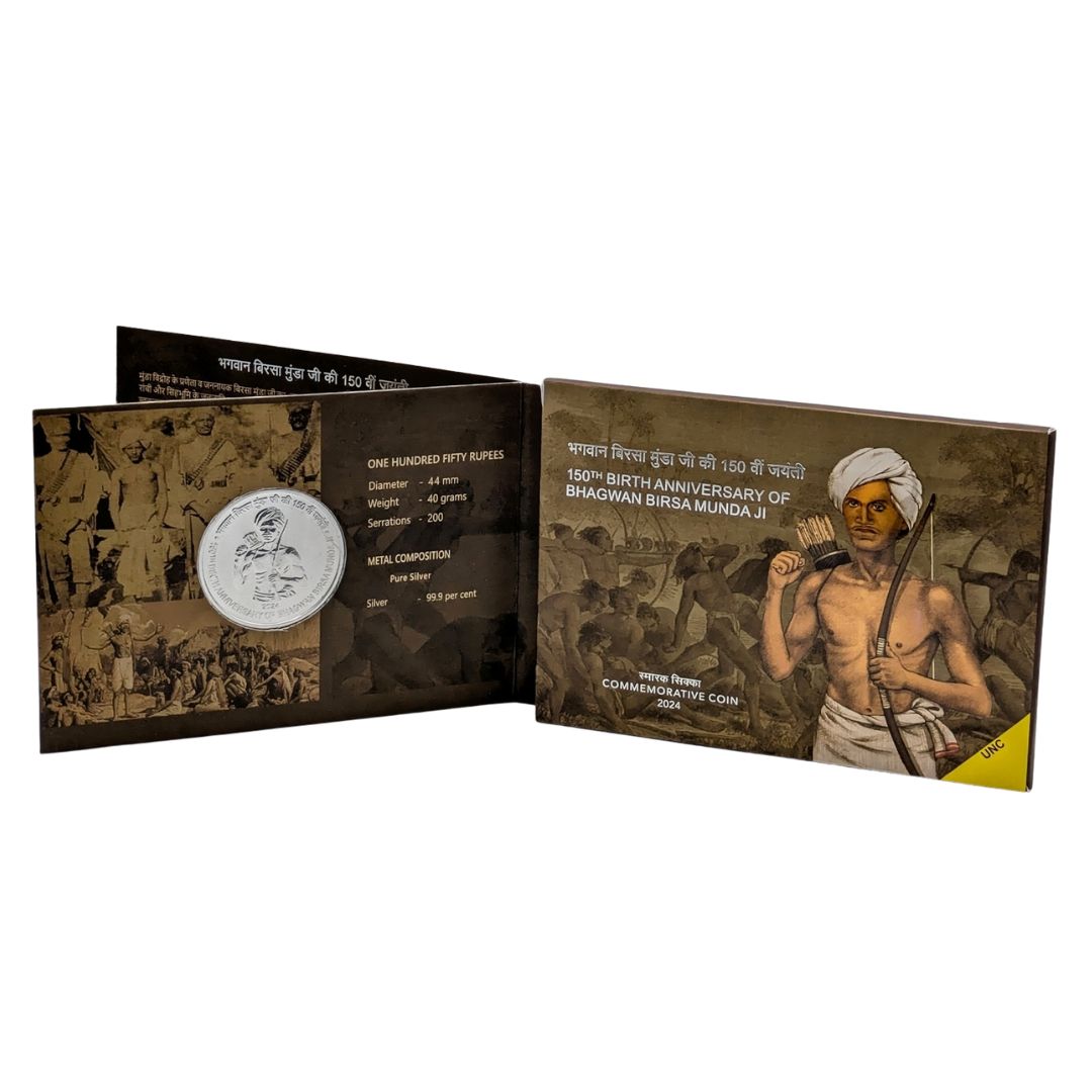 ₹150 UNC Coin – 150th Birth Anniversary of Bhagwan Birsa Munda Ji | Official Folder Pack