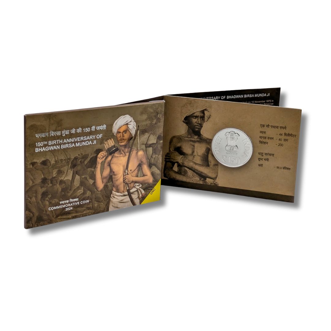 ₹150 UNC Coin – 150th Birth Anniversary of Bhagwan Birsa Munda Ji | Official Folder Pack | Government Mint

