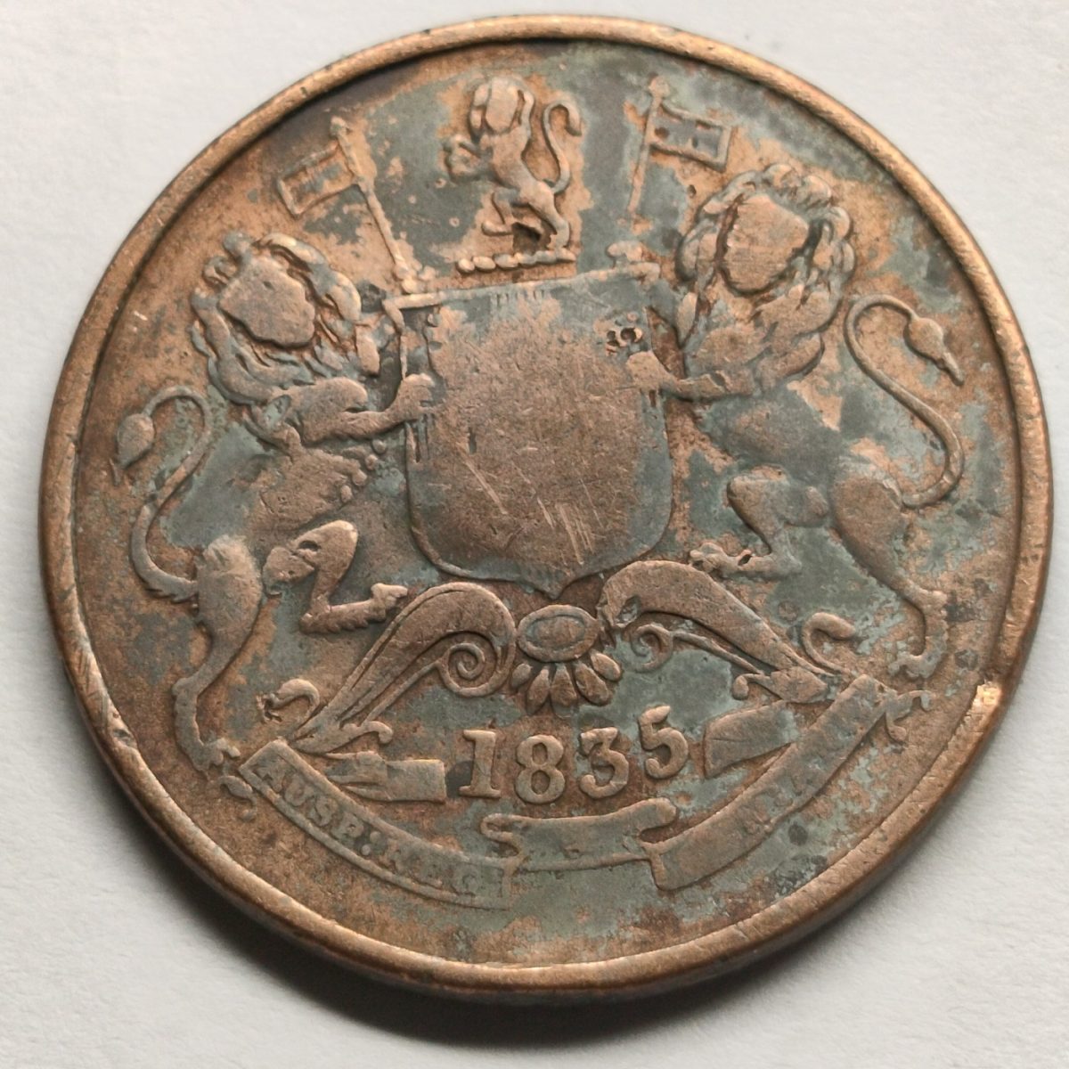 Rare Half Anna 1835 Est India Company Old Indian Copper Coin