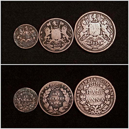 EIC - 1835 - SET OF 3 COINS

An all time favorite SET OF 3 COINS,  EAST INDIA COMPANY.

1/12 ANNA 1835
1/4 ANNA 1835
1/2 ANNA 1835 - Collection Bazzar