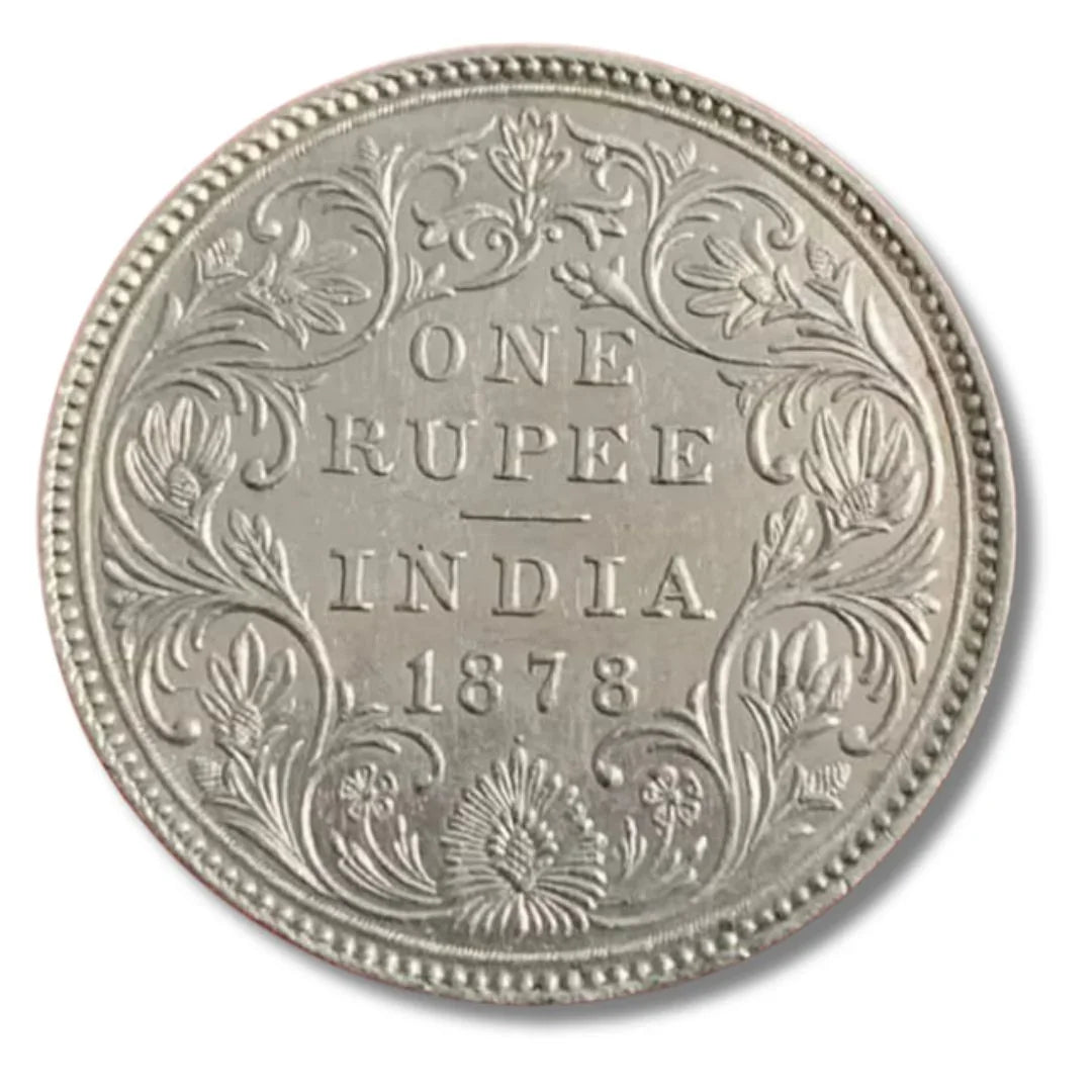 Antique British India One Rupee coin from 1878 in excellent condition with floral design