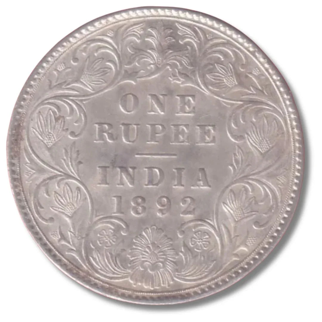 Antique 1892 British India one rupee silver coin with floral engravings