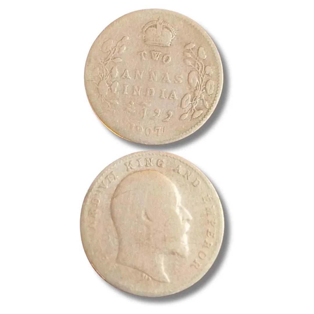 1907 British India Edward VII silver two annas coin, collectible antique currency