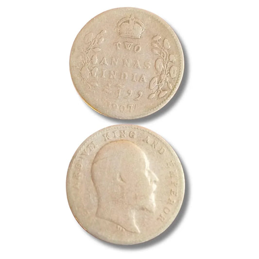 1907 British India Edward VII silver two annas coin, collectible antique currency