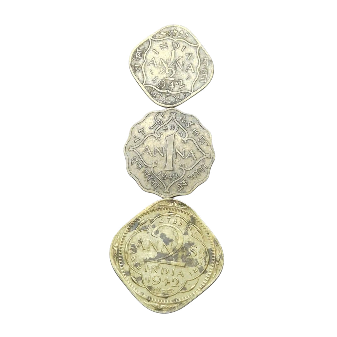 1942 Coin Set 3 | Half anna , 1 Anna , 2 Anna | George VI King Emperor - Collection Bazzar