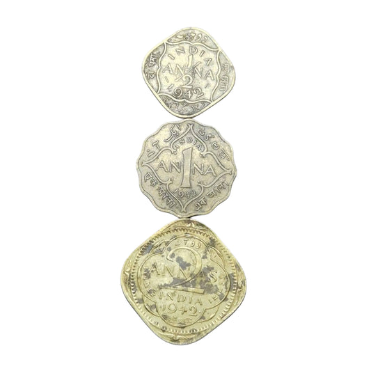 1942 Coin Set 3 | Half anna , 1 Anna , 2 Anna | George VI King Emperor - Collection Bazzar