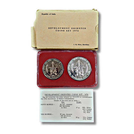1976 Development Oriented Coin Set – Rs 10 & Rs 50 | Bombay Mint 