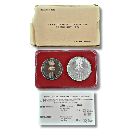 1976 Development Oriented Coin Set – Rs 10 & Rs 50 | Bombay Mint | Food & Work Theme

