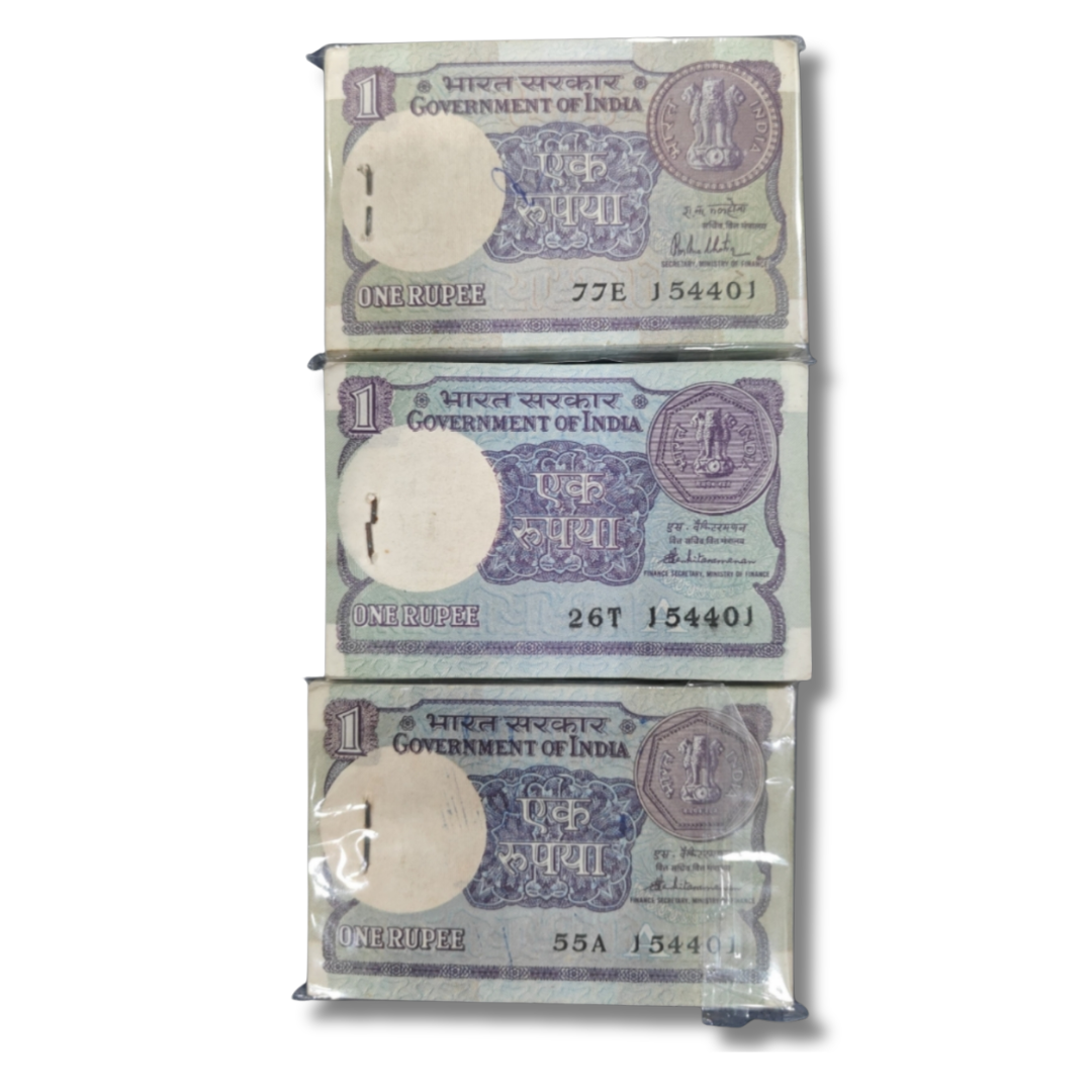 ₹1 Note 3 Packet Set – Same Serial 154401 | R. N. Malhotra & S. Venkitaramanan | Rare Matching Serial