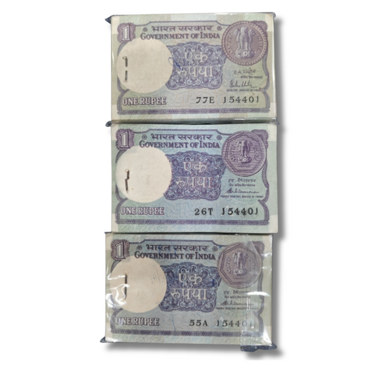 ₹1 Note 3 Packet Set – Same Serial 154401 | R. N. Malhotra & S. Venkitaramanan | Rare Matching Serial