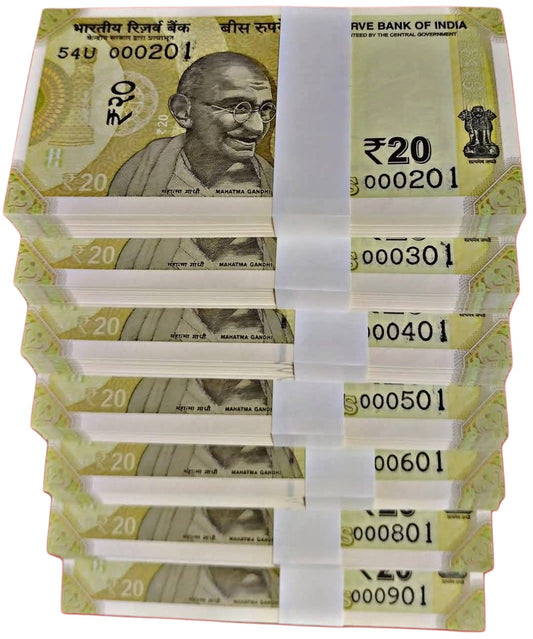 ₹20 New Note Packet – 100 Notes Each, Rare Serial Number Collection, Fresh Bundle for Collectors, Investment & Currency