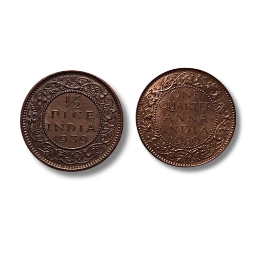 1939 1/4 Anna & 1/2 Pice Coin Set – British India | Rare Copper Coins (Excellent Condition)