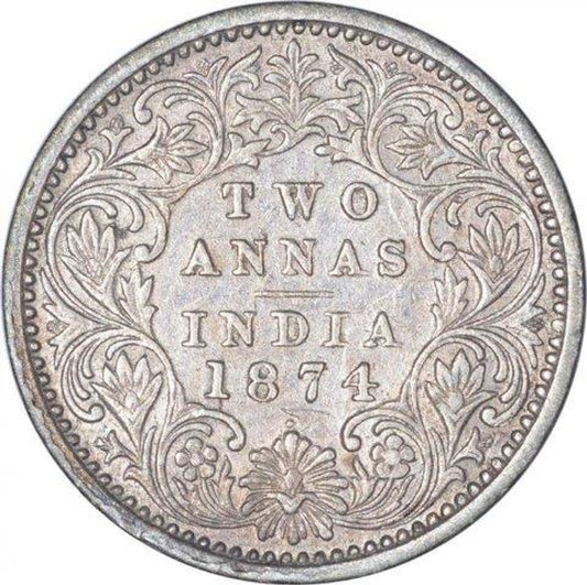 2 Anna Silver Coin 1874 Victoria Queen Rare Item - Collection Bazzar