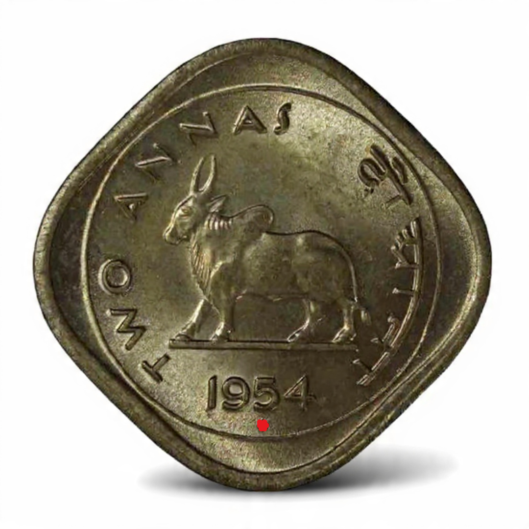 2 Annas Coin 1954 Indian Any Mint Bull Series, Copper-Nickel - Collection Bazzar