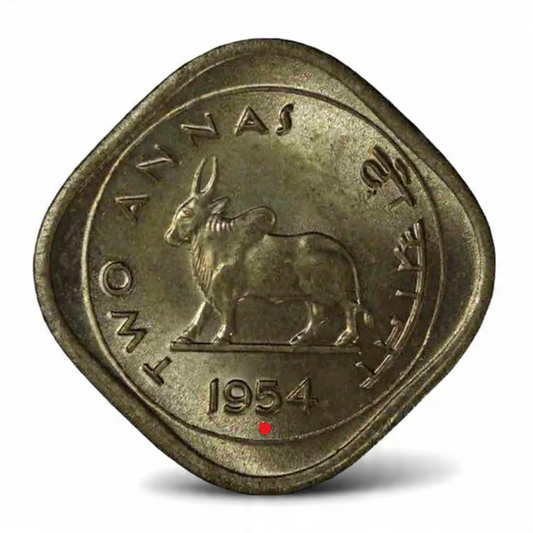 2 Annas Coin 1954 Indian Any Mint Bull Series, Copper-Nickel - Collection Bazzar
