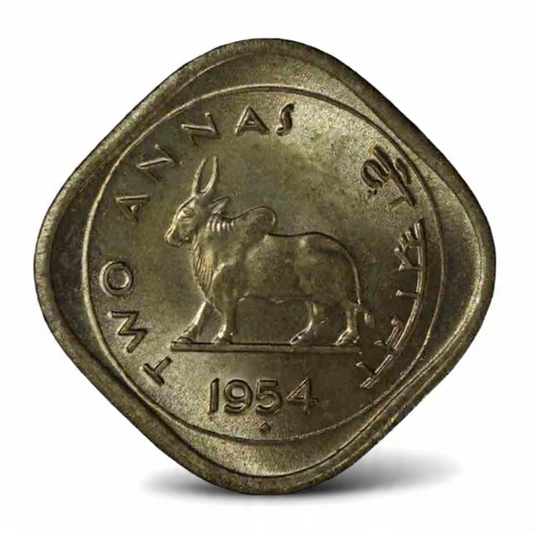 2 Annas Coin 1954 Indian - Bull Series, Copper-Nickel - Collection Bazzar