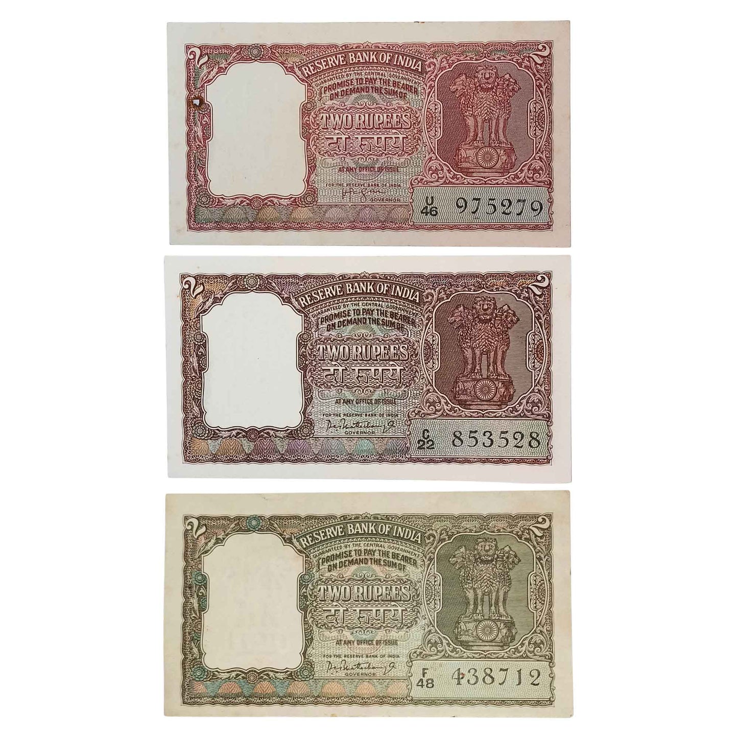 2 Rupees Note 3 Note Set with H. V. Iyengar and P. C. Bhattacharya signatures vintage Indian banknotes collectible.