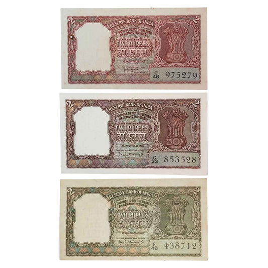 2 Rupees Note 3 Note Set with H. V. Iyengar and P. C. Bhattacharya signatures vintage Indian banknotes collectible.
